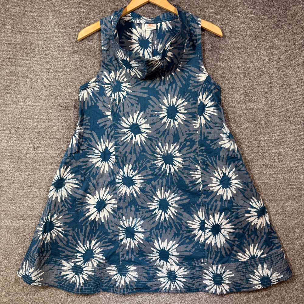 Global Mamas Dress M Blue Batik Floral Funnel Neck Cotton Tunic Dress Pockets